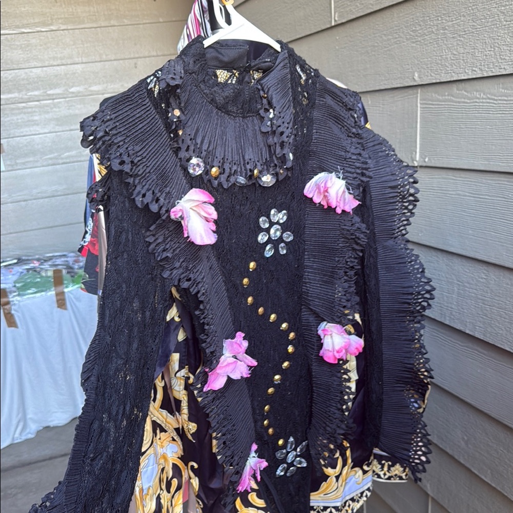Black Lace Dress with Pink Floral Accents